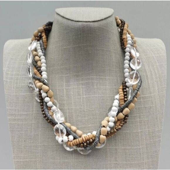 Ann TaylorLOFT Necklace  White Tan Beaded Twisted Strands 18" - Picture 1 of 8